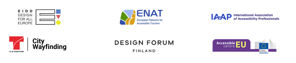 Kolme logoa. EIDD Design for all Europe, ENAT European Network for Accessible Tourism, ja IAAP International Association of Accessibility Professionals