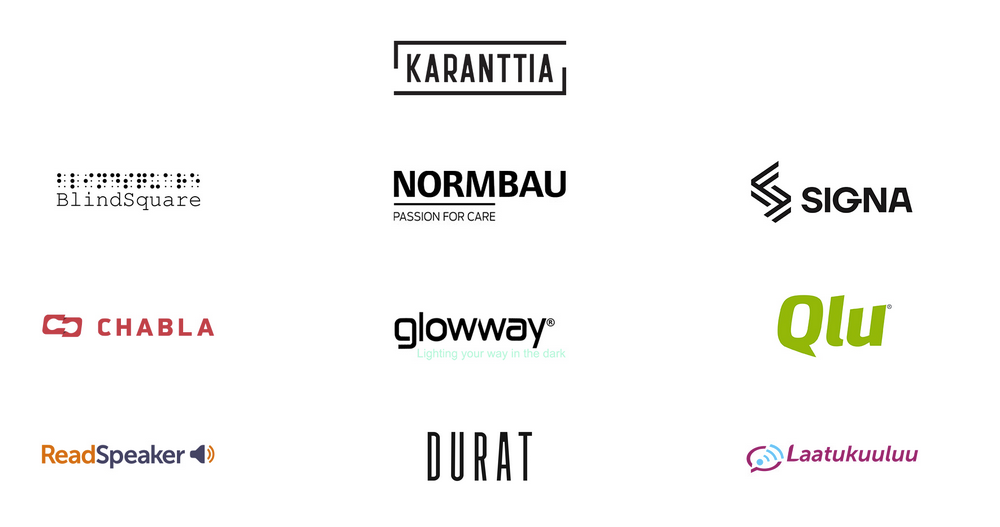 Kymmenen eri logoa. Karanttia, Blindsquare, Normbau, Signa, Chabla, Glowway, Qlu, ReadSpeaker, Durat sekä Laatukuuluu